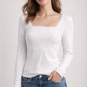 American Eagle White Long Sleeve Lace Trim Square Neck Ribbed Top Size Large
